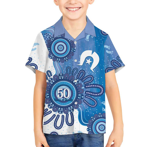 NAIDOC Week 2026 Family Matching Off The Shoulder Long Sleeve Dress and Hawaiian Shirt 50 Years Deadly Dhari Blue Aboriginal Art