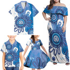 NAIDOC Week 2026 Family Matching Off Shoulder Maxi Dress and Hawaiian Shirt 50 Years Deadly Dhari Blue Aboriginal Art