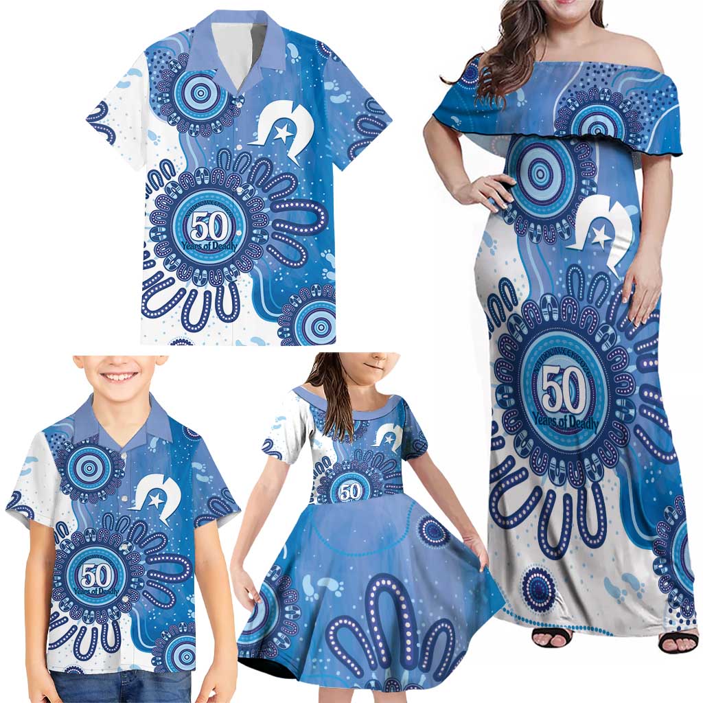 NAIDOC Week 2026 Family Matching Off Shoulder Maxi Dress and Hawaiian Shirt 50 Years Deadly Dhari Blue Aboriginal Art