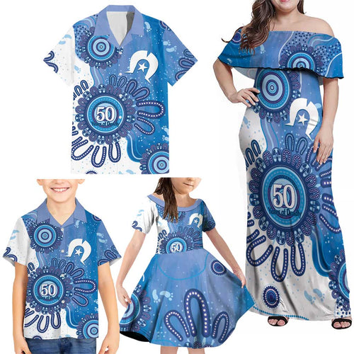 NAIDOC Week 2026 Family Matching Off Shoulder Maxi Dress and Hawaiian Shirt 50 Years Deadly Dhari Blue Aboriginal Art