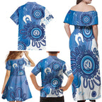 NAIDOC Week 2026 Family Matching Off Shoulder Maxi Dress and Hawaiian Shirt 50 Years Deadly Dhari Blue Aboriginal Art