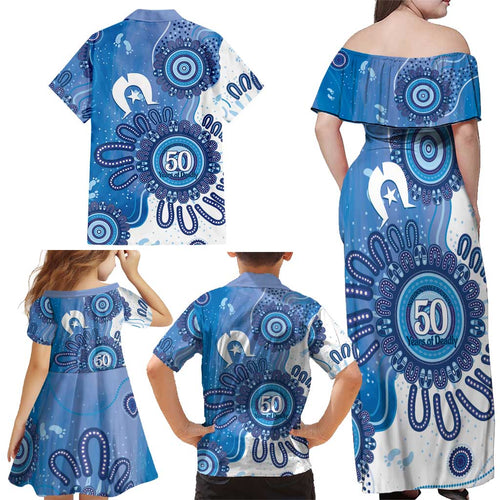 NAIDOC Week 2026 Family Matching Off Shoulder Maxi Dress and Hawaiian Shirt 50 Years Deadly Dhari Blue Aboriginal Art