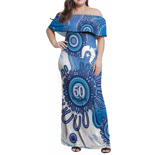 NAIDOC Week 2026 Family Matching Off Shoulder Maxi Dress and Hawaiian Shirt 50 Years Deadly Dhari Blue Aboriginal Art