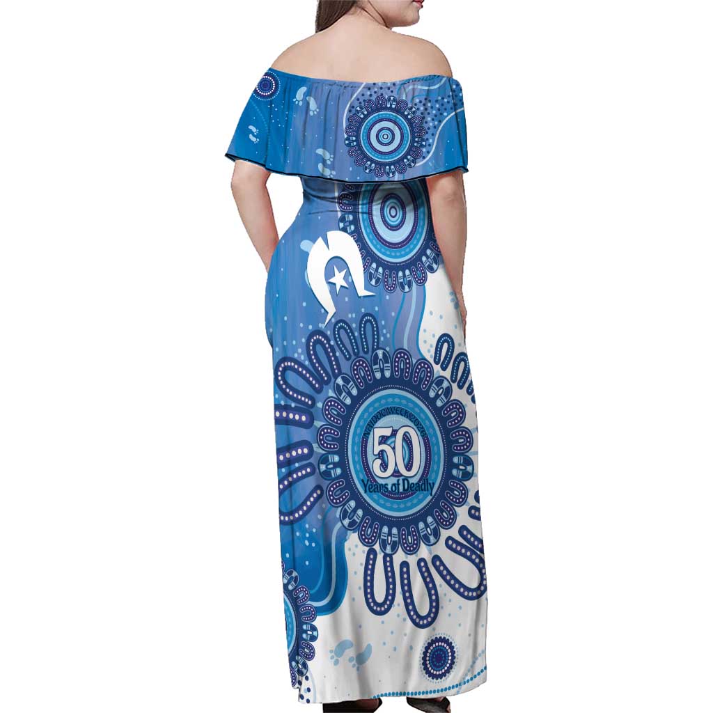 NAIDOC Week 2026 Family Matching Off Shoulder Maxi Dress and Hawaiian Shirt 50 Years Deadly Dhari Blue Aboriginal Art