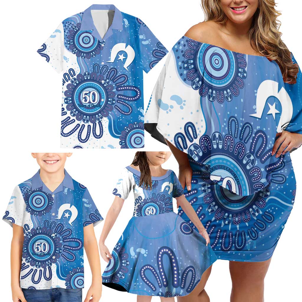 NAIDOC Week 2026 Family Matching Off Shoulder Short Dress and Hawaiian Shirt 50 Years Deadly Dhari Blue Aboriginal Art