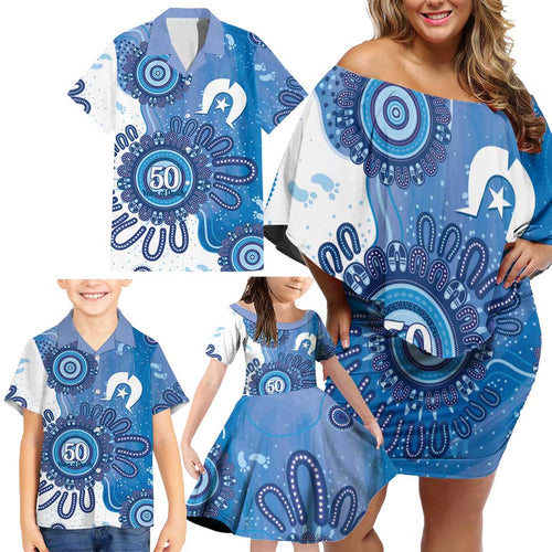 NAIDOC Week 2026 Family Matching Off Shoulder Short Dress and Hawaiian Shirt 50 Years Deadly Dhari Blue Aboriginal Art