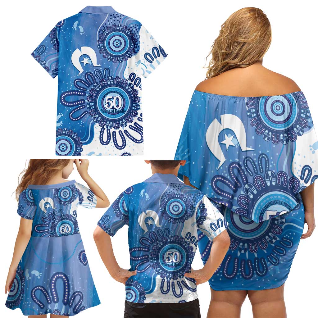 NAIDOC Week 2026 Family Matching Off Shoulder Short Dress and Hawaiian Shirt 50 Years Deadly Dhari Blue Aboriginal Art