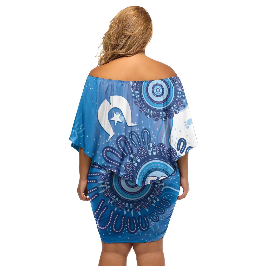 NAIDOC Week 2026 Family Matching Off Shoulder Short Dress and Hawaiian Shirt 50 Years Deadly Dhari Blue Aboriginal Art
