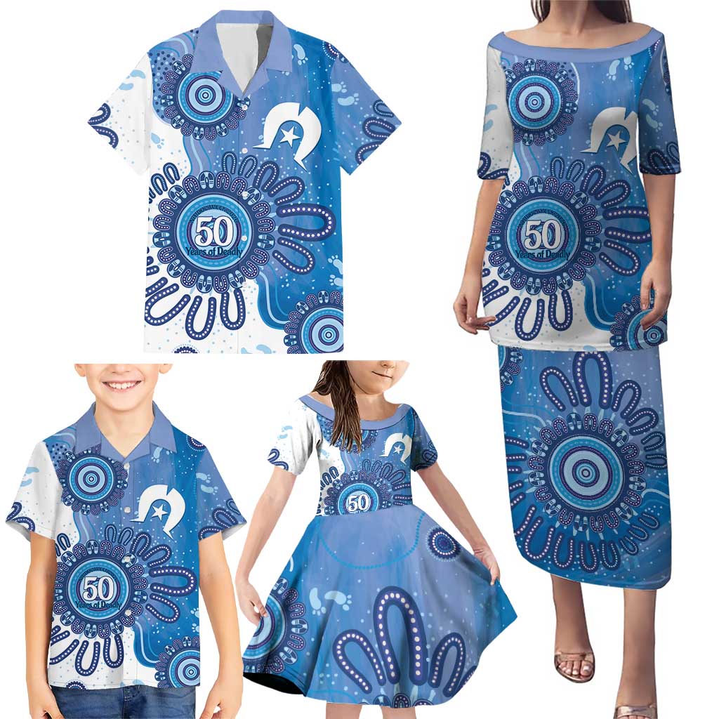 NAIDOC Week 2026 Family Matching Puletasi and Hawaiian Shirt 50 Years Deadly Dhari Blue Aboriginal Art