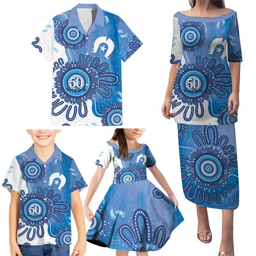 NAIDOC Week 2026 Family Matching Puletasi and Hawaiian Shirt 50 Years Deadly Dhari Blue Aboriginal Art
