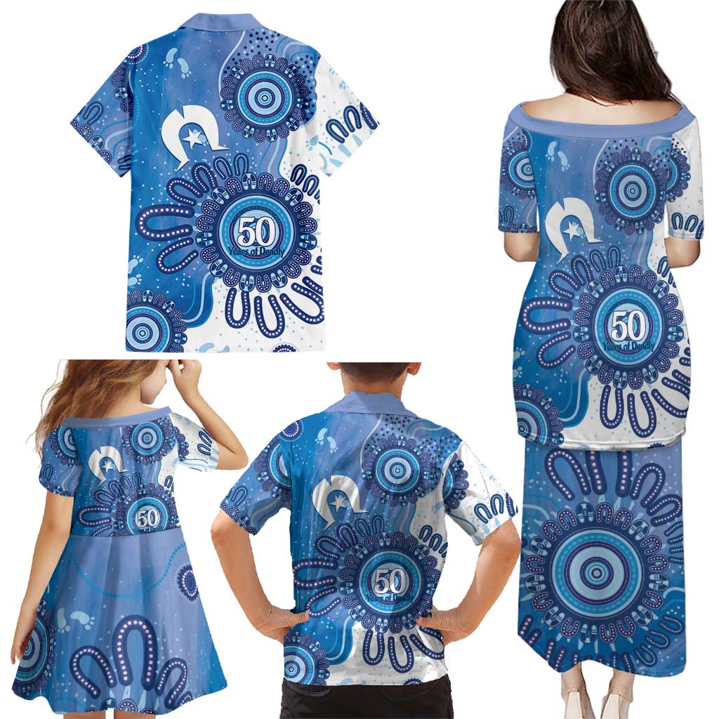 NAIDOC Week 2026 Family Matching Puletasi and Hawaiian Shirt 50 Years Deadly Dhari Blue Aboriginal Art