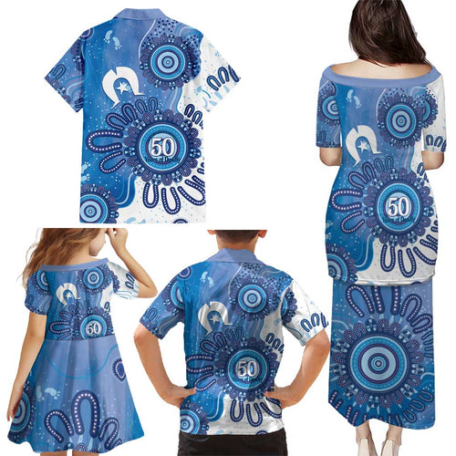NAIDOC Week 2026 Family Matching Puletasi and Hawaiian Shirt 50 Years Deadly Dhari Blue Aboriginal Art