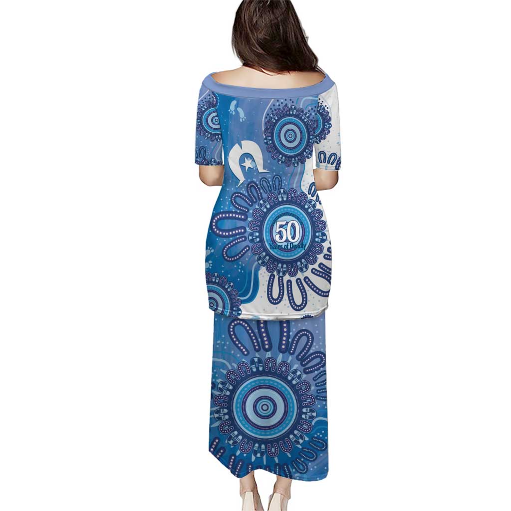 NAIDOC Week 2026 Family Matching Puletasi and Hawaiian Shirt 50 Years Deadly Dhari Blue Aboriginal Art