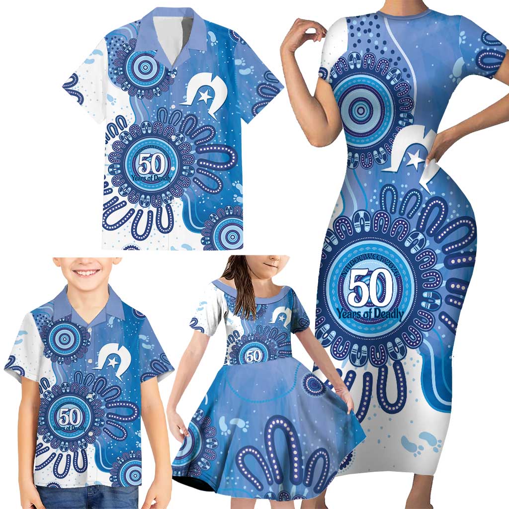NAIDOC Week 2026 Family Matching Short Sleeve Bodycon Dress and Hawaiian Shirt 50 Years Deadly Dhari Blue Aboriginal Art