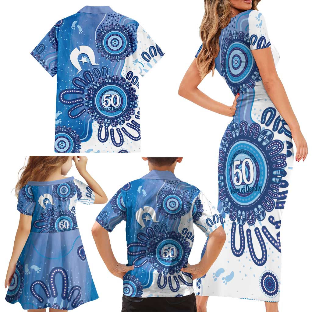 NAIDOC Week 2026 Family Matching Short Sleeve Bodycon Dress and Hawaiian Shirt 50 Years Deadly Dhari Blue Aboriginal Art