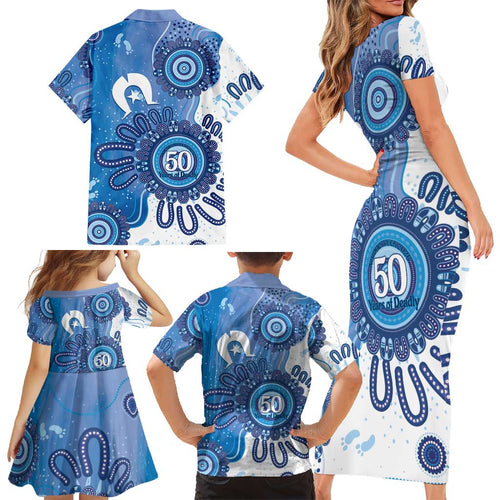 NAIDOC Week 2026 Family Matching Short Sleeve Bodycon Dress and Hawaiian Shirt 50 Years Deadly Dhari Blue Aboriginal Art