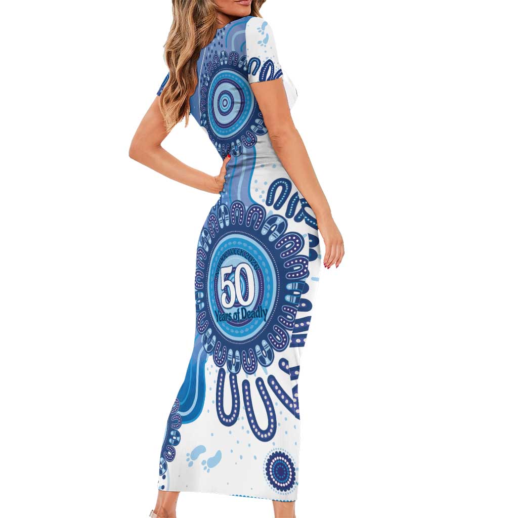 NAIDOC Week 2026 Family Matching Short Sleeve Bodycon Dress and Hawaiian Shirt 50 Years Deadly Dhari Blue Aboriginal Art