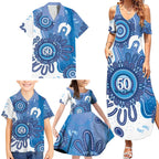 NAIDOC Week 2026 Family Matching Summer Maxi Dress and Hawaiian Shirt 50 Years Deadly Dhari Blue Aboriginal Art