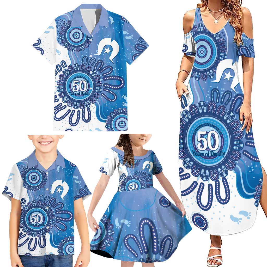 NAIDOC Week 2026 Family Matching Summer Maxi Dress and Hawaiian Shirt 50 Years Deadly Dhari Blue Aboriginal Art