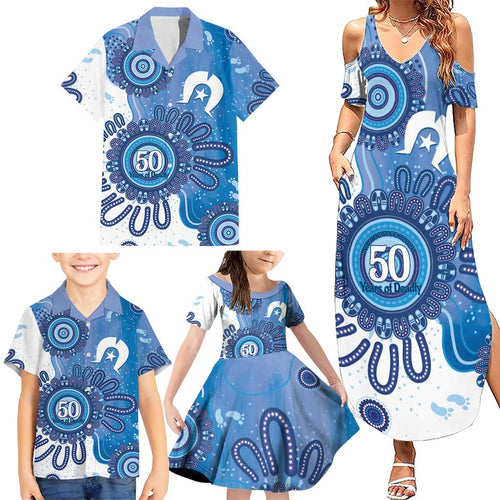 NAIDOC Week 2026 Family Matching Summer Maxi Dress and Hawaiian Shirt 50 Years Deadly Dhari Blue Aboriginal Art