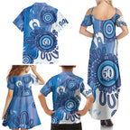 NAIDOC Week 2026 Family Matching Summer Maxi Dress and Hawaiian Shirt 50 Years Deadly Dhari Blue Aboriginal Art