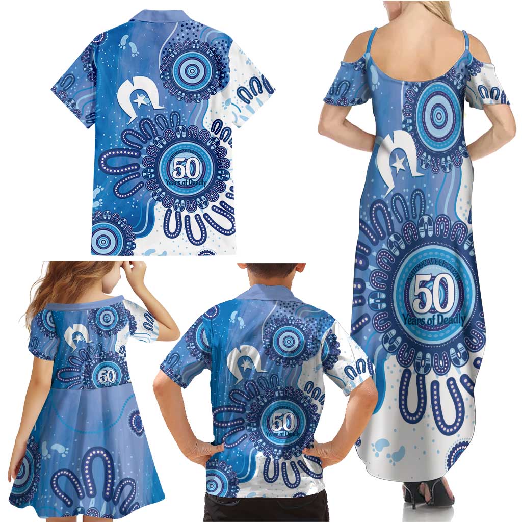 NAIDOC Week 2026 Family Matching Summer Maxi Dress and Hawaiian Shirt 50 Years Deadly Dhari Blue Aboriginal Art