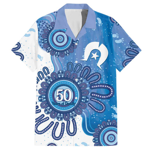 NAIDOC Week 2026 Family Matching Summer Maxi Dress and Hawaiian Shirt 50 Years Deadly Dhari Blue Aboriginal Art