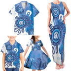 NAIDOC Week 2026 Family Matching Tank Maxi Dress and Hawaiian Shirt 50 Years Deadly Dhari Blue Aboriginal Art