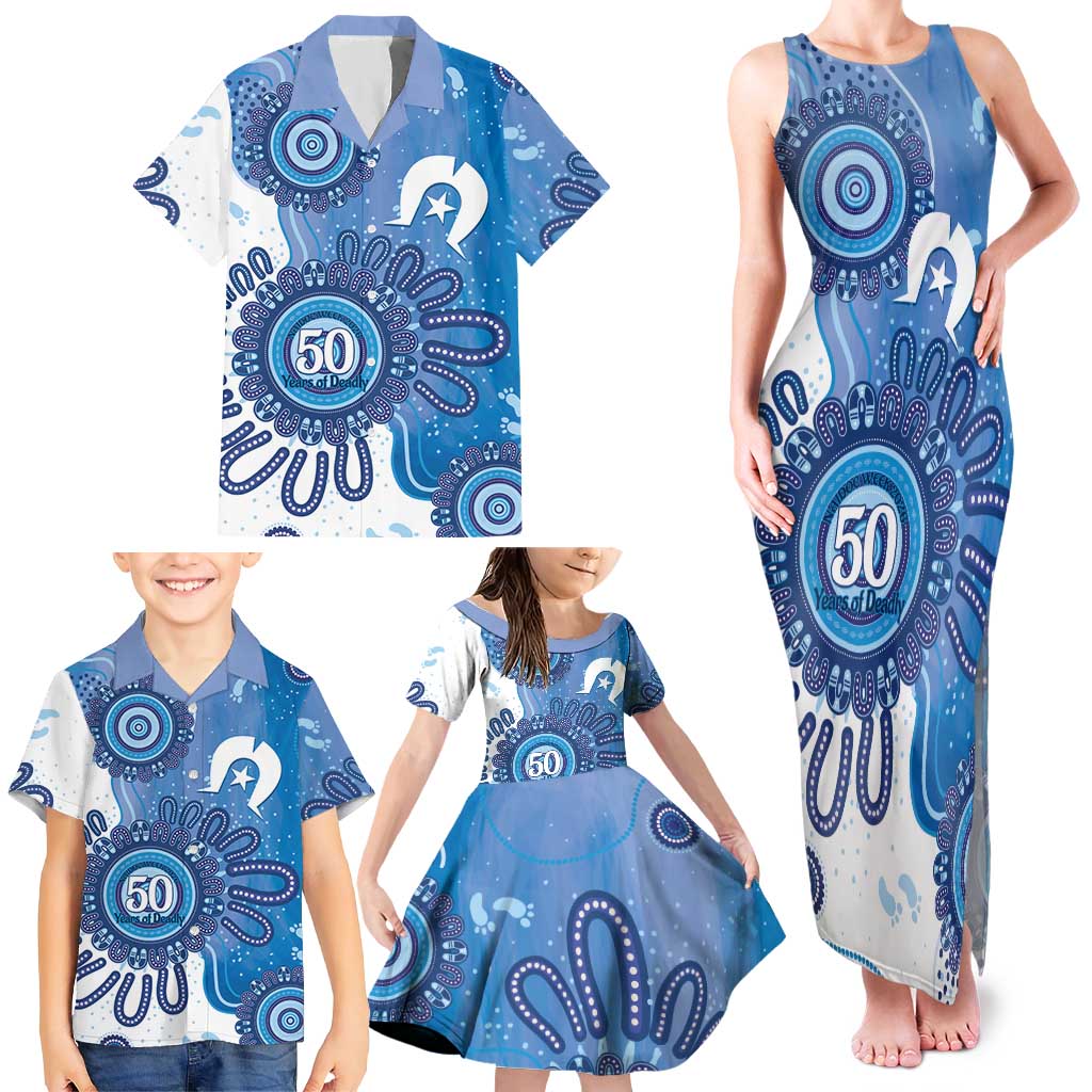 NAIDOC Week 2026 Family Matching Tank Maxi Dress and Hawaiian Shirt 50 Years Deadly Dhari Blue Aboriginal Art
