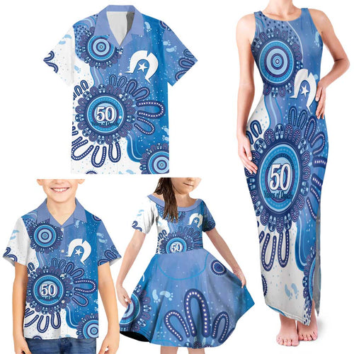 NAIDOC Week 2026 Family Matching Tank Maxi Dress and Hawaiian Shirt 50 Years Deadly Dhari Blue Aboriginal Art