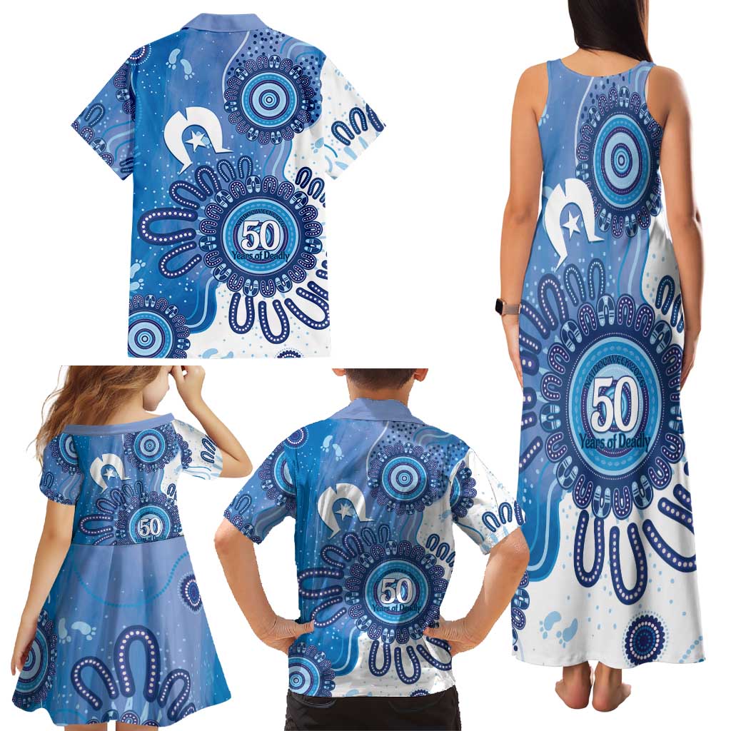 NAIDOC Week 2026 Family Matching Tank Maxi Dress and Hawaiian Shirt 50 Years Deadly Dhari Blue Aboriginal Art