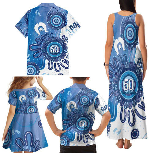 NAIDOC Week 2026 Family Matching Tank Maxi Dress and Hawaiian Shirt 50 Years Deadly Dhari Blue Aboriginal Art