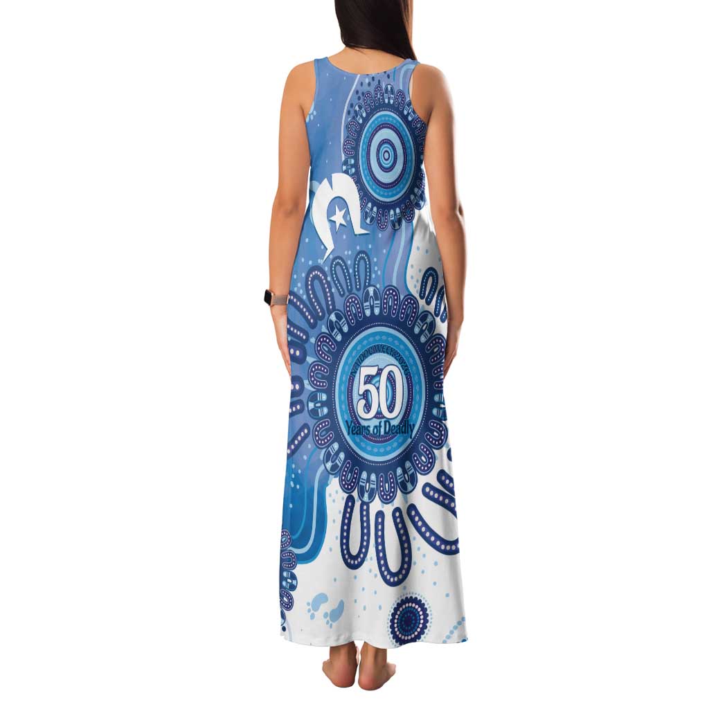 NAIDOC Week 2026 Family Matching Tank Maxi Dress and Hawaiian Shirt 50 Years Deadly Dhari Blue Aboriginal Art