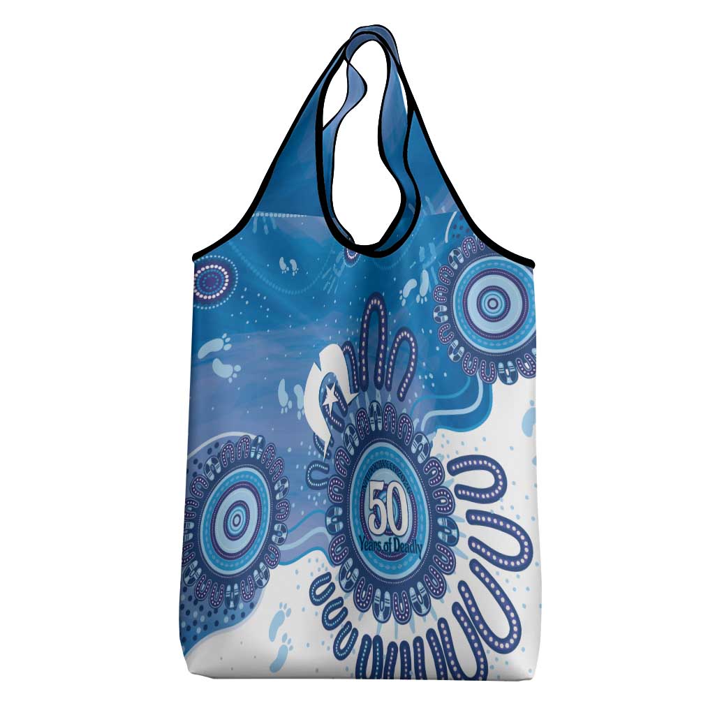 NAIDOC Week 2026 Grocery Bag 50 Years Deadly Dhari Blue Aboriginal Art