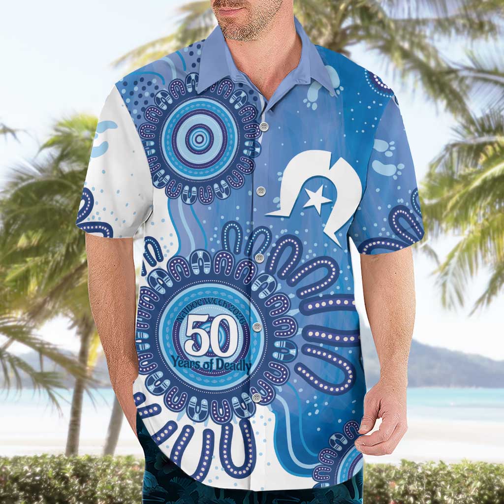 NAIDOC Week 2026 Hawaiian Shirt 50 Years Deadly Dhari Blue Aboriginal Art