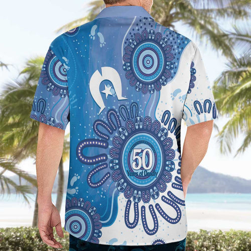 NAIDOC Week 2026 Hawaiian Shirt 50 Years Deadly Dhari Blue Aboriginal Art