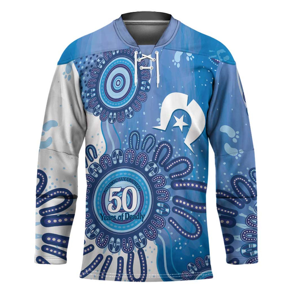 NAIDOC Week 2026 Hockey Jersey 50 Years Deadly Dhari Blue Aboriginal Art