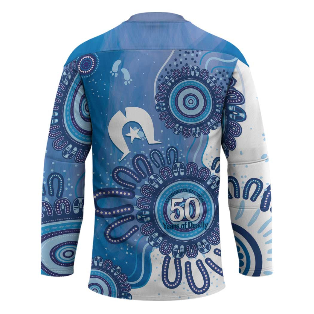 NAIDOC Week 2026 Hockey Jersey 50 Years Deadly Dhari Blue Aboriginal Art