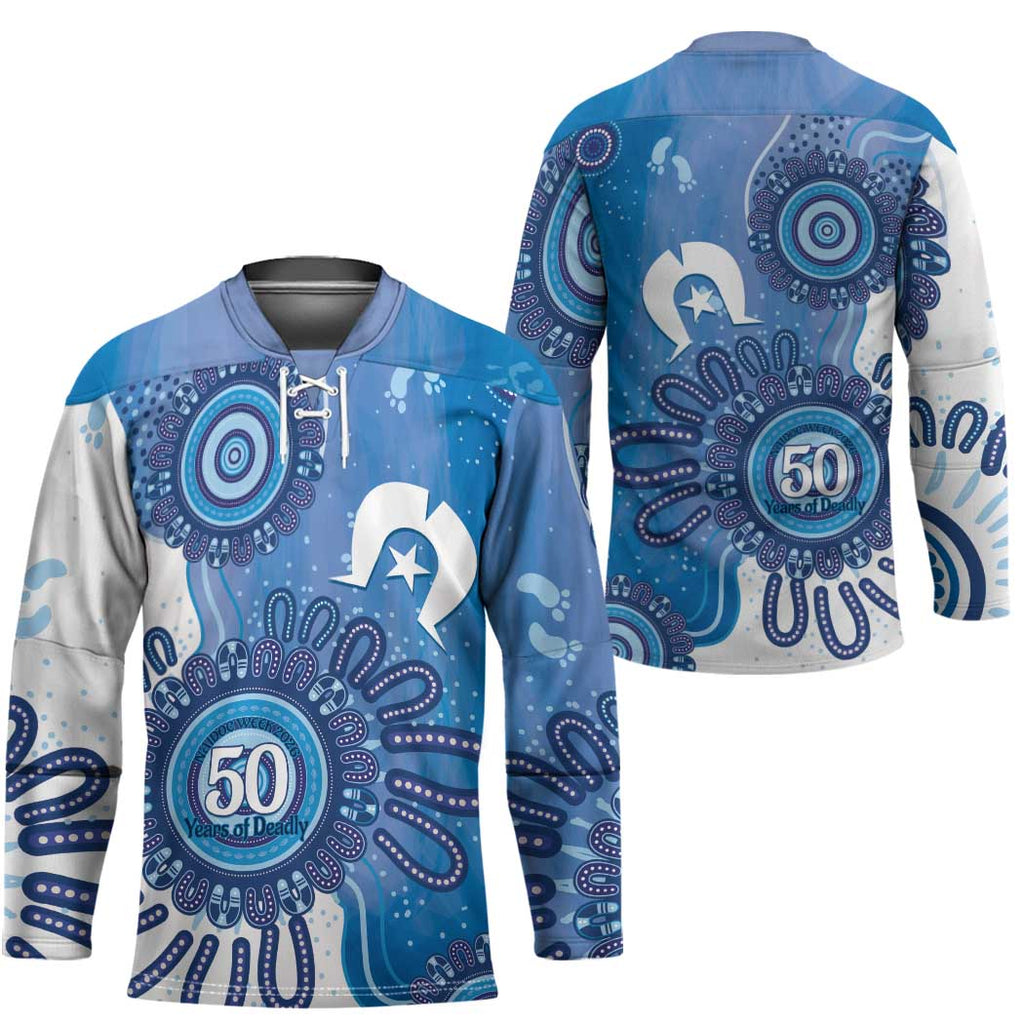 NAIDOC Week 2026 Hockey Jersey 50 Years Deadly Dhari Blue Aboriginal Art