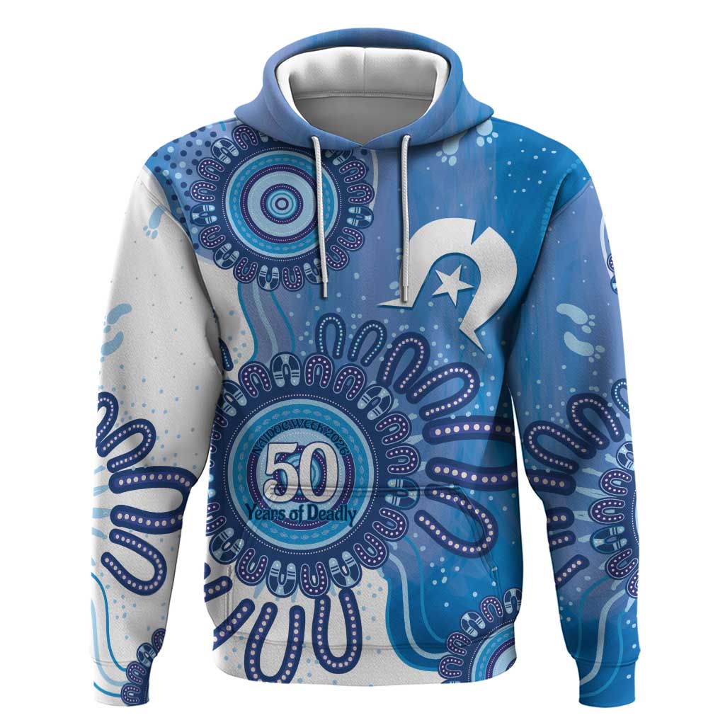 NAIDOC Week 2026 Hoodie 50 Years Deadly Dhari Blue Aboriginal Art