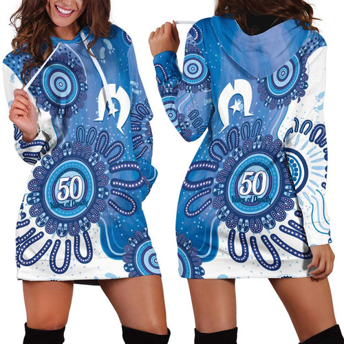 NAIDOC Week 2026 Hoodie Dress 50 Years Deadly Dhari Blue Aboriginal Art