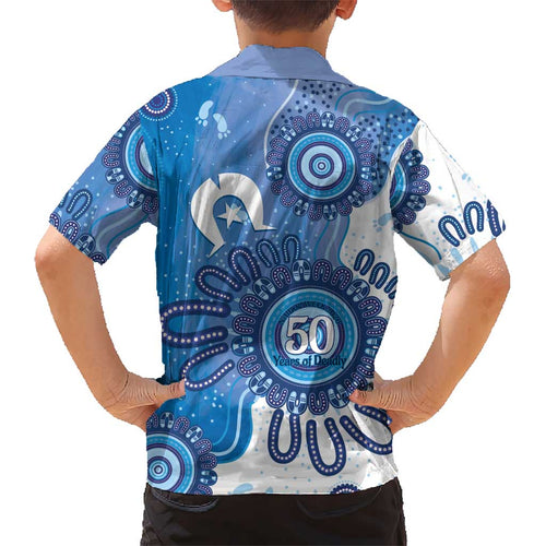 NAIDOC Week 2026 Kid Hawaiian Shirt 50 Years Deadly Dhari Blue Aboriginal Art