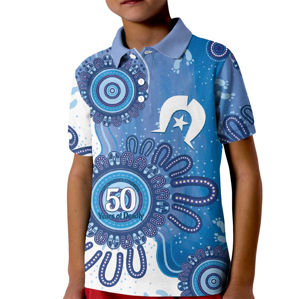NAIDOC Week 2026 Kid Polo Shirt 50 Years Deadly Dhari Blue Aboriginal Art