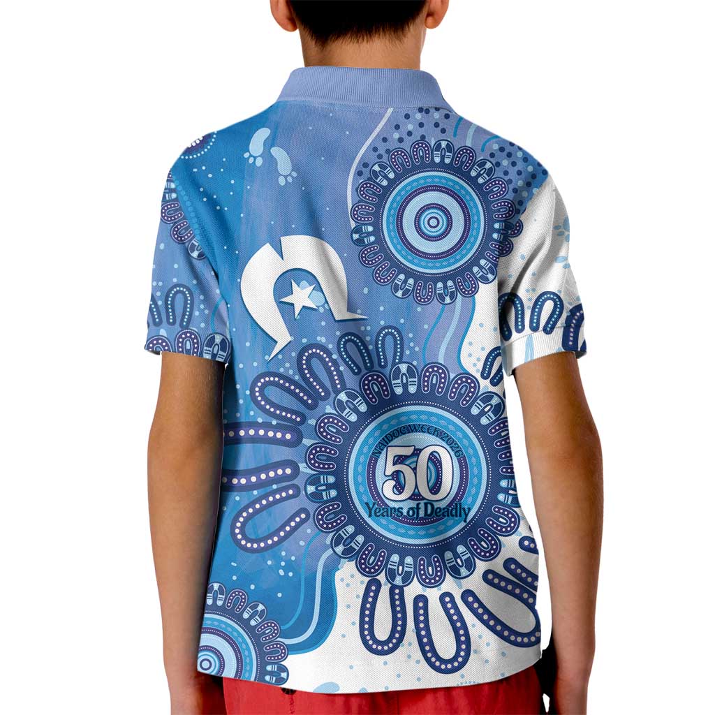 NAIDOC Week 2026 Kid Polo Shirt 50 Years Deadly Dhari Blue Aboriginal Art