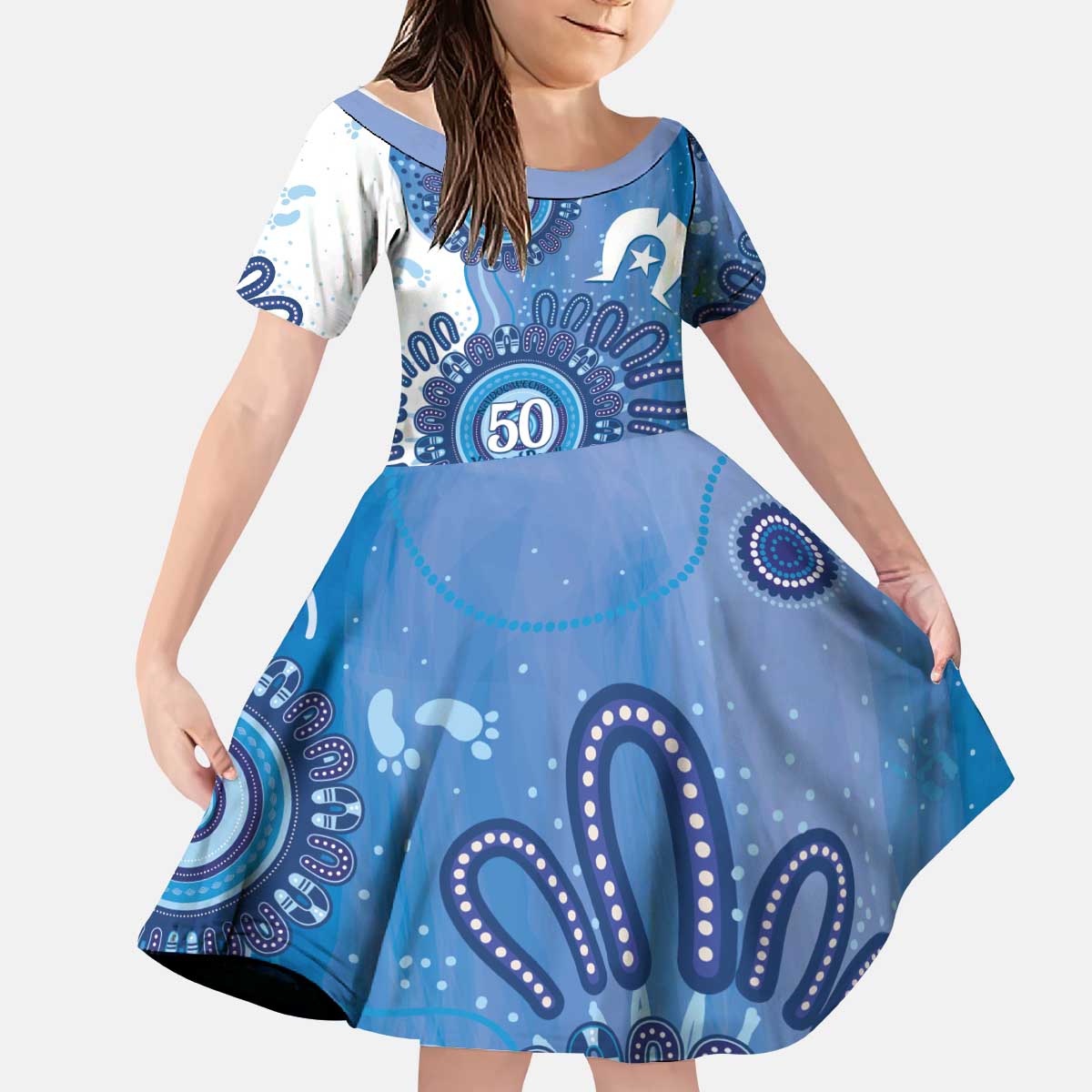 NAIDOC Week 2026 Kid Short Sleeve Dress 50 Years Deadly Dhari Blue Aboriginal Art