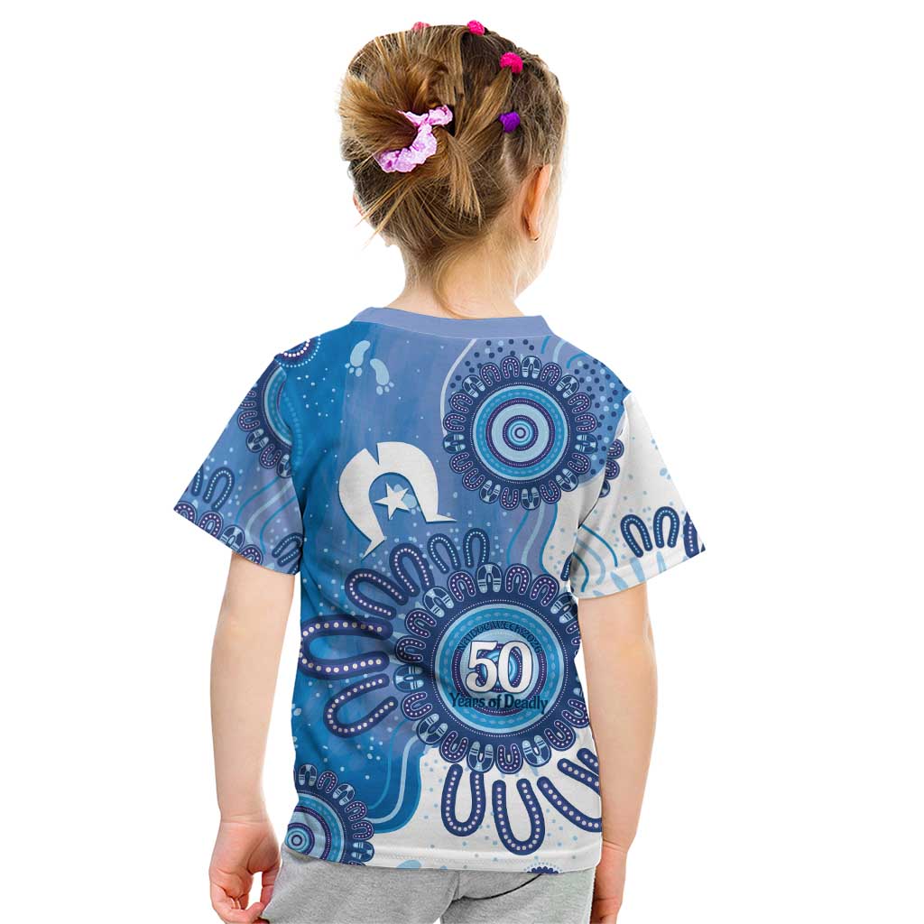 NAIDOC Week 2026 Kid T Shirt 50 Years Deadly Dhari Blue Aboriginal Art