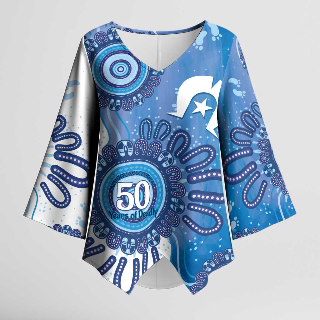 NAIDOC Week 2026 Kimono Sleeve Blouse 50 Years Deadly Dhari Blue Aboriginal Art