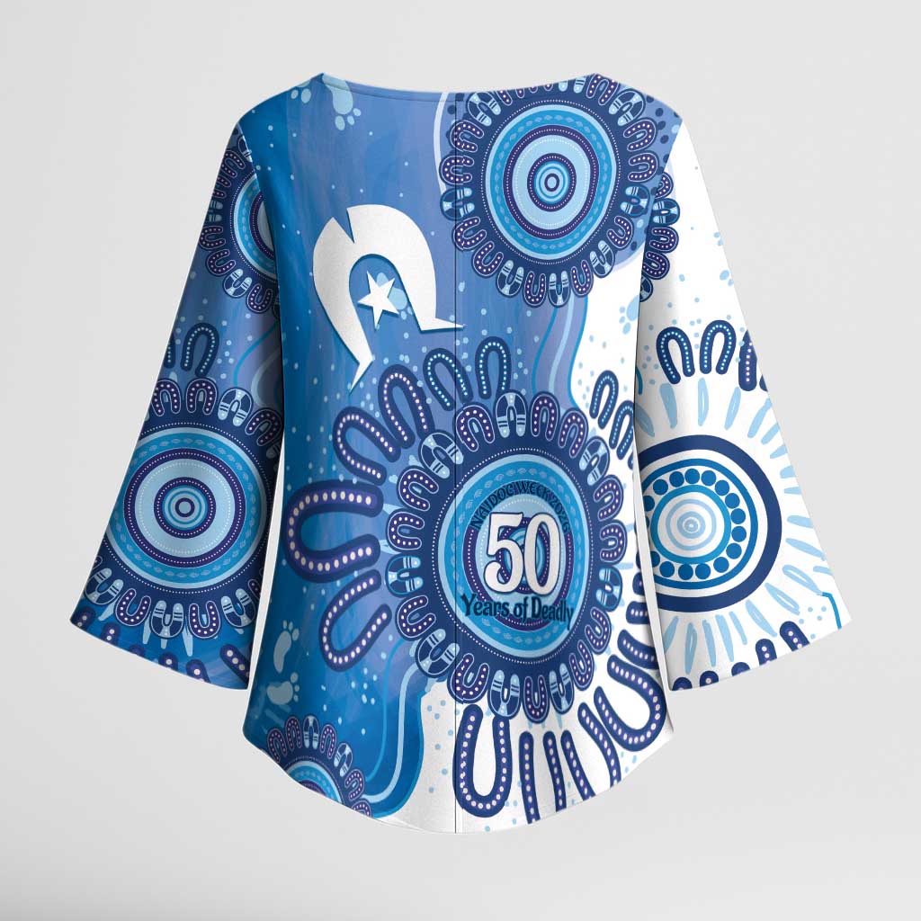 NAIDOC Week 2026 Kimono Sleeve Blouse 50 Years Deadly Dhari Blue Aboriginal Art