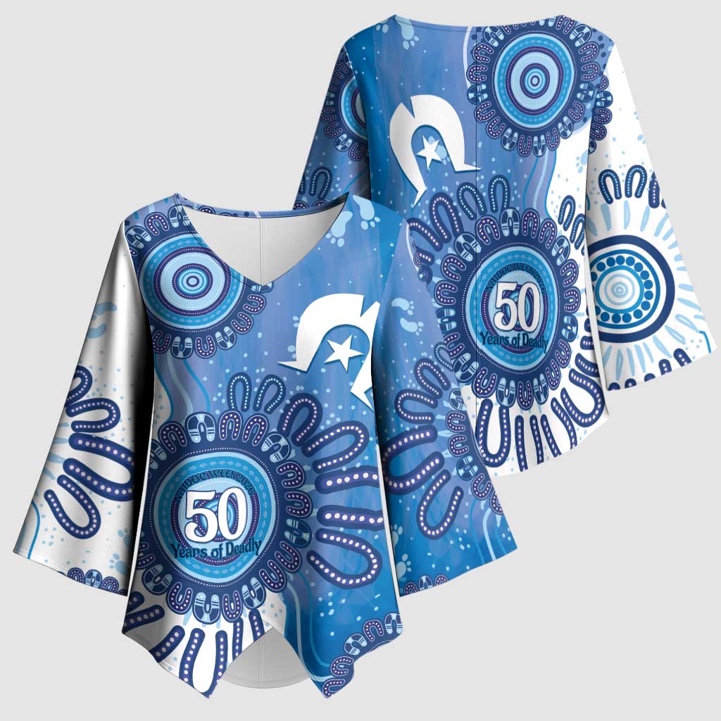 NAIDOC Week 2026 Kimono Sleeve Blouse 50 Years Deadly Dhari Blue Aboriginal Art