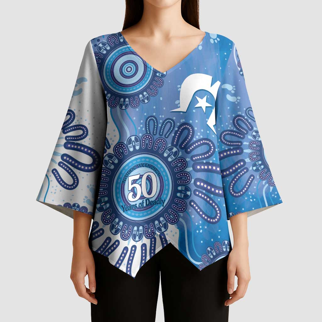 NAIDOC Week 2026 Kimono Sleeve Blouse 50 Years Deadly Dhari Blue Aboriginal Art